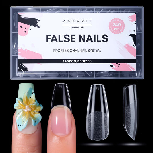 Makartt Coffin Nail Tips: Medium, 240PCS, 15 Sizes, Half Matte, Clear Acrylic, Full Cover Ballerina Press on Nails Extensions Supplies Salon and DIY Extension for Long-Lasting Manicure
