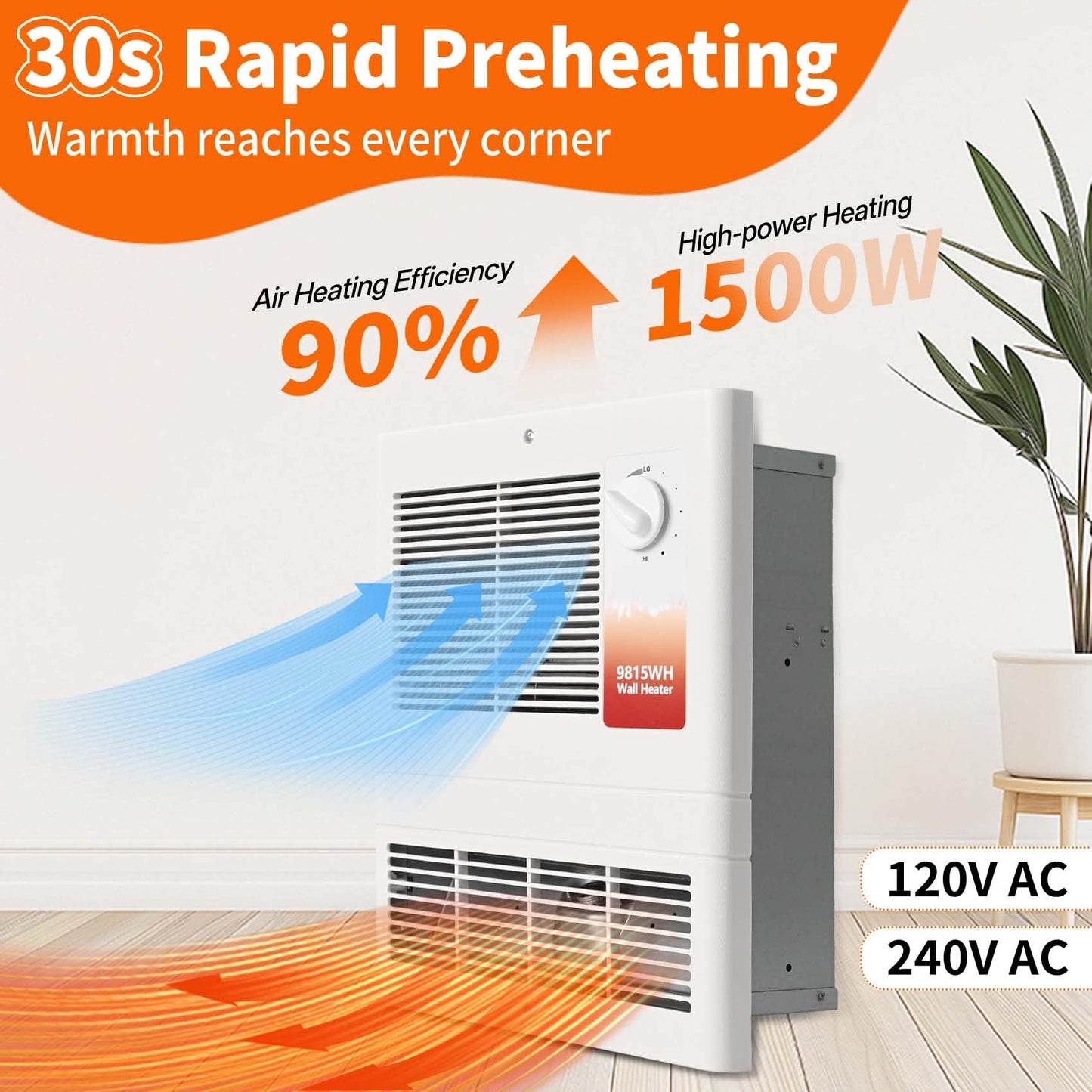 9815WH High Capacity Wall Heater with Built-In Adjustable Thermostat and Silent Motor, 1500W Large Capacity Electric Wall Heater for Bathroom, Bedroom, Living Rooms, Overheat Protection, 120/240V