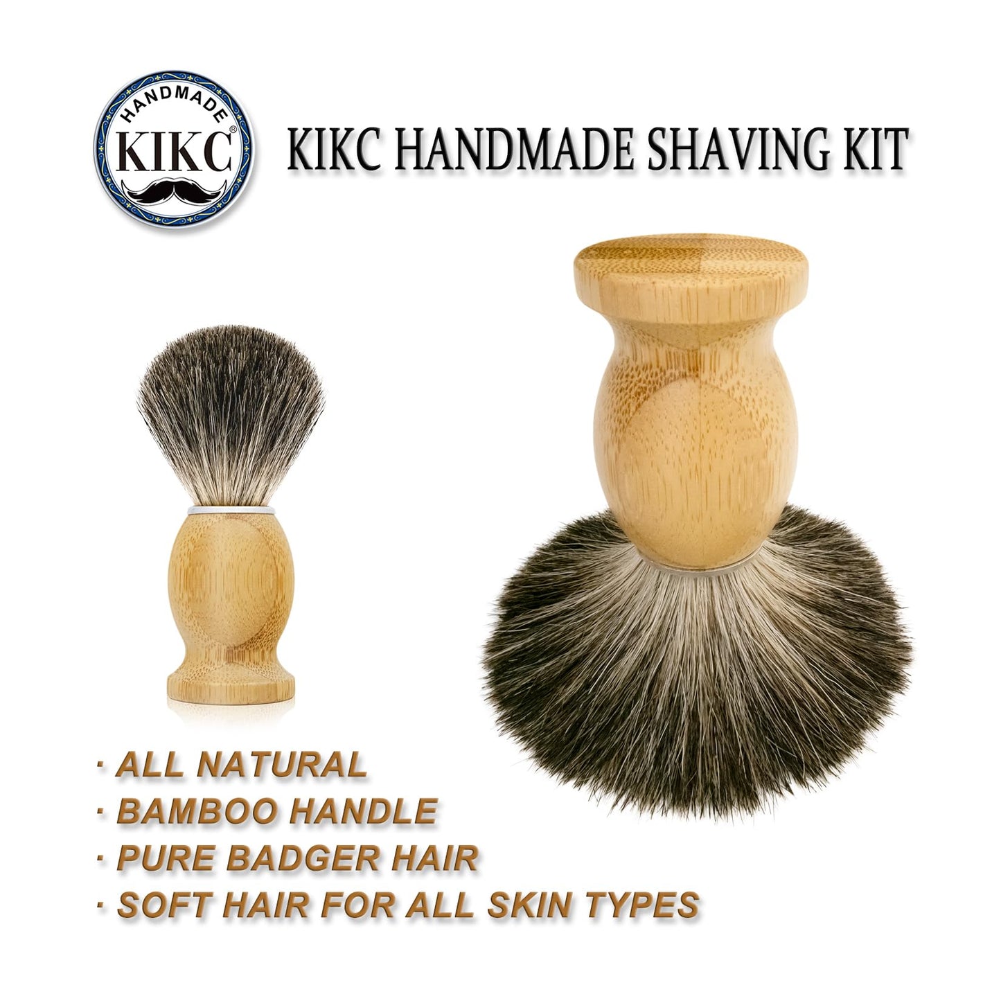 KIKC Hand Crafted Pure Badger Shaving Brush for Wet Shave, Comfortable Bamboo Handle, Soft Bristle, Best Gift for Bearded Man