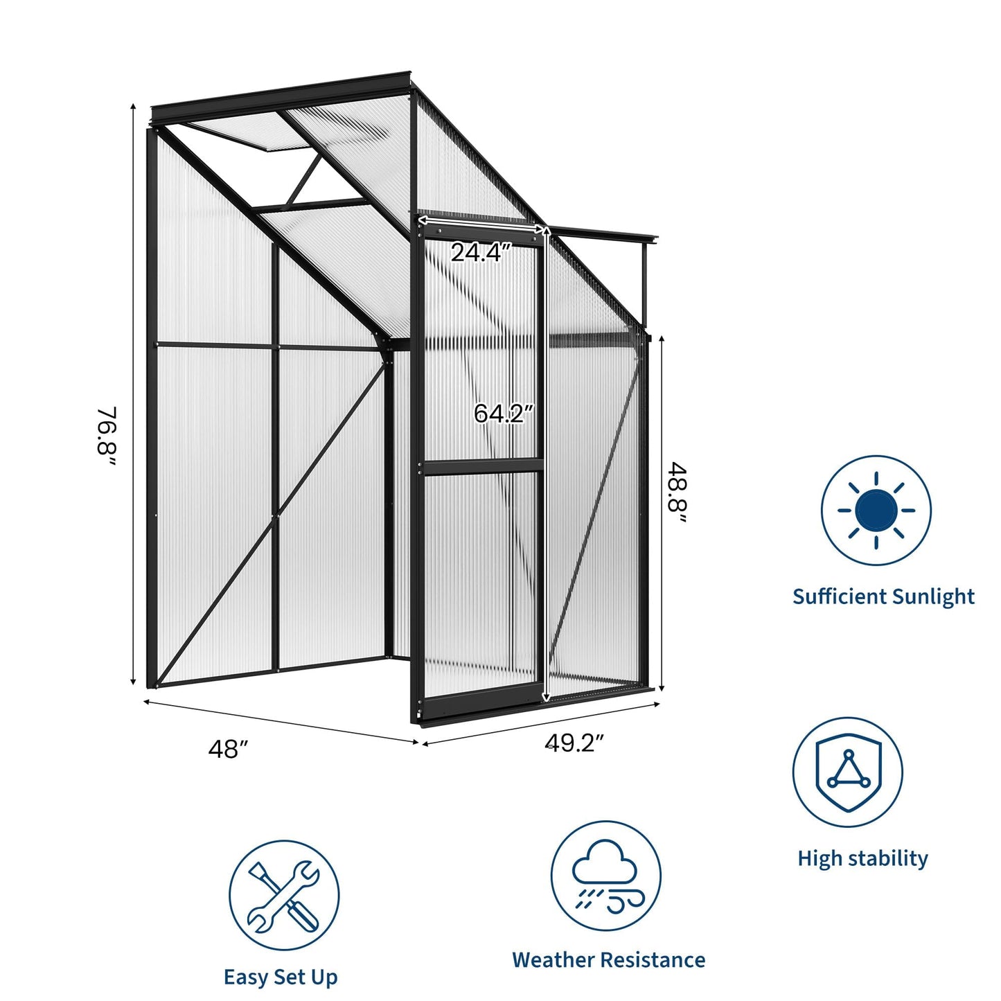 GarveeHome 4x4FT Lean to Greenhouse, Small Walk-in Polycarbonate Greenhouse with Adjustable Vent Window, Sliding Door, Portable Green House Kit for Outdoors, Winter