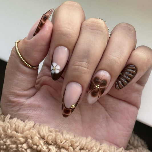 French Tips Press on Nails Medium Almond Nails Press on with 5D Rhinestones Flower Design Glossy Brown Leopard Glue on Nails Tortoise Shell Fake Nail Water Ripple Fall Winter Nail for Women 24Pcs