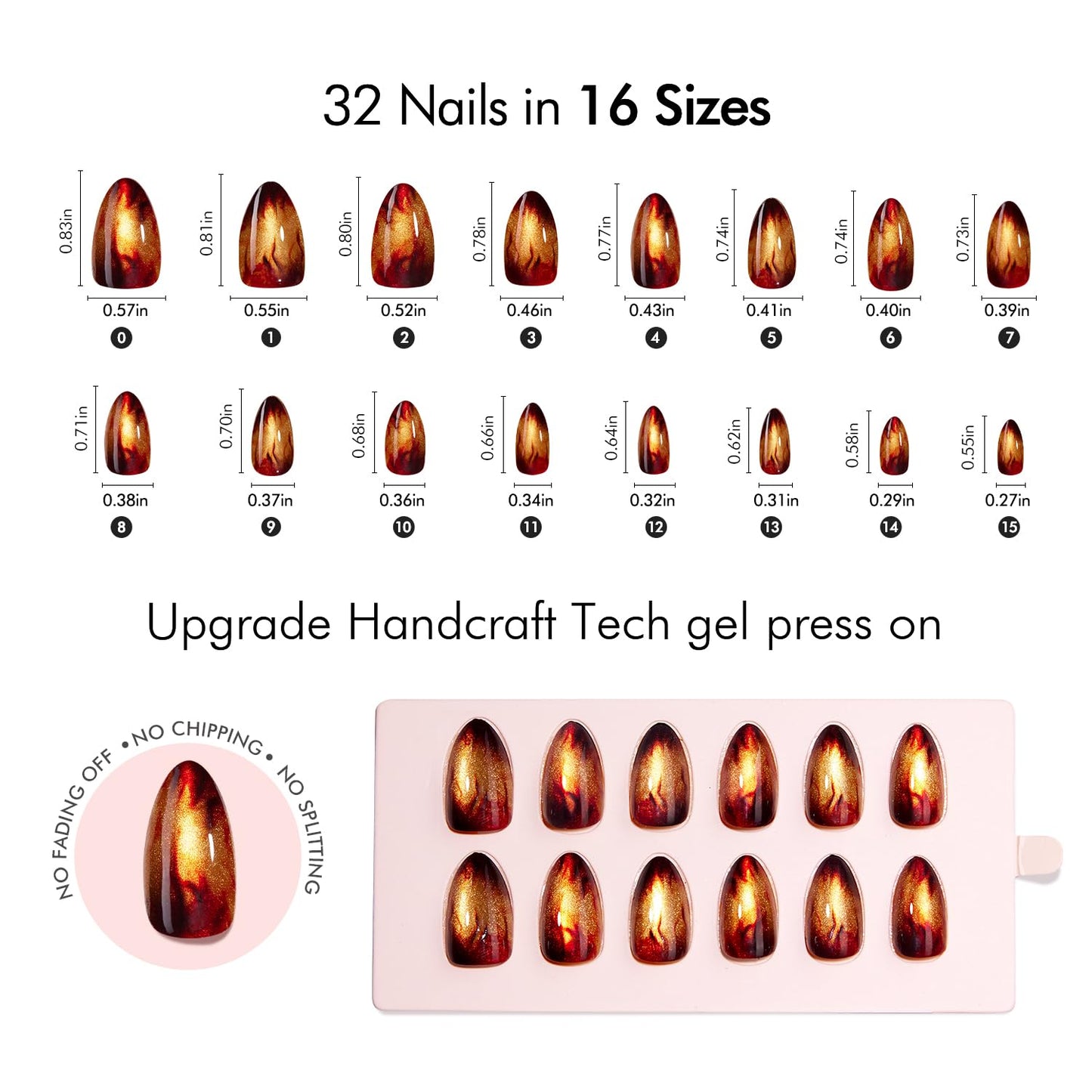 VSALON Press on Nails Short Almond - Golden Spakly Cat Eye Glitter Flame Design, Reusable Opaque Gel Magnetic Effect Fake Nails with Glue & Cuticle Oil - 32 PCS in 16 Sizes