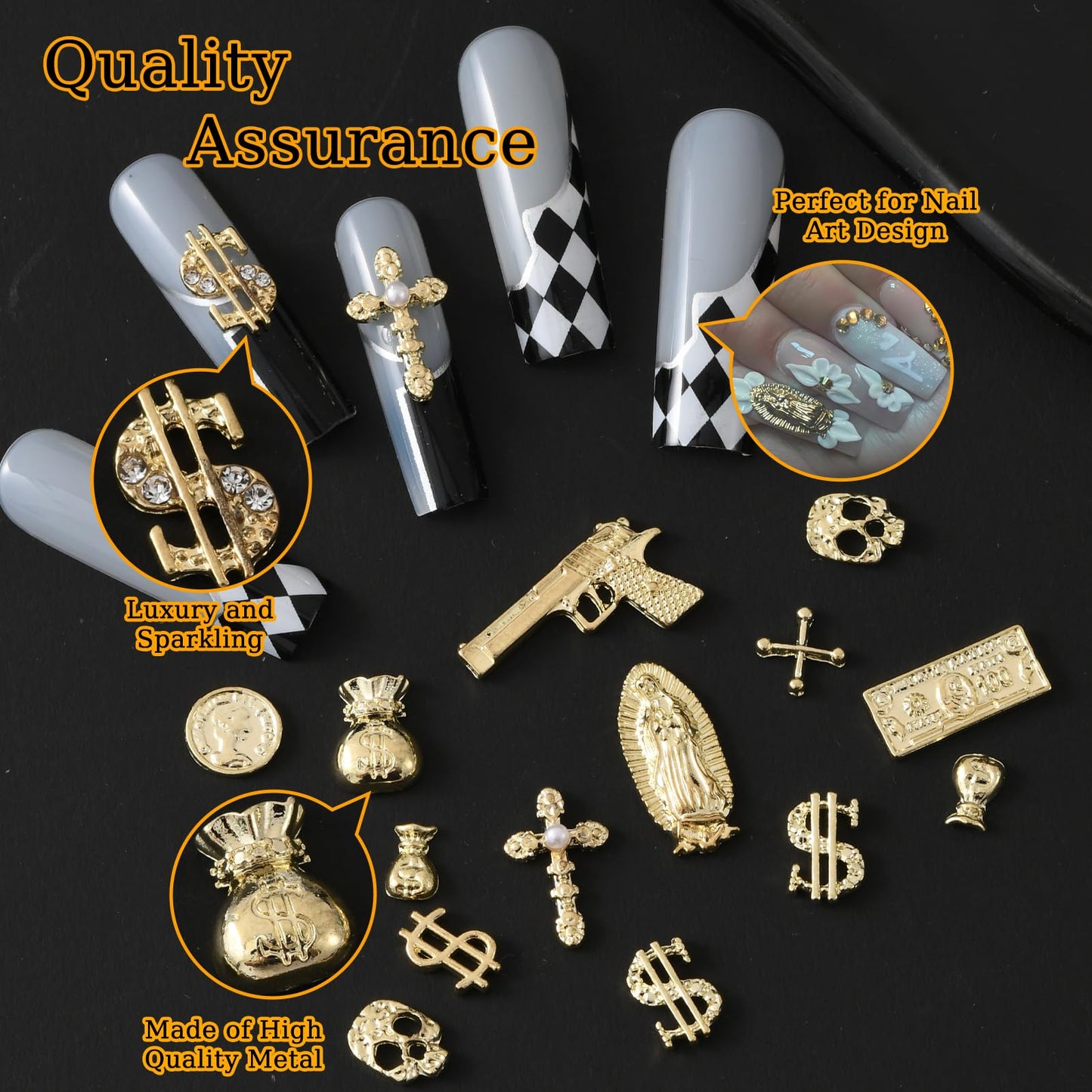 ZUMILLMN 58PCS 3D Nail Charms - Gold Alloy Dollar, Gun, Virgin Mary,Cron & Cross Charms, Shiny Nail Rhinestones for Nail Art, Manicure, DIY Jewelry Making
