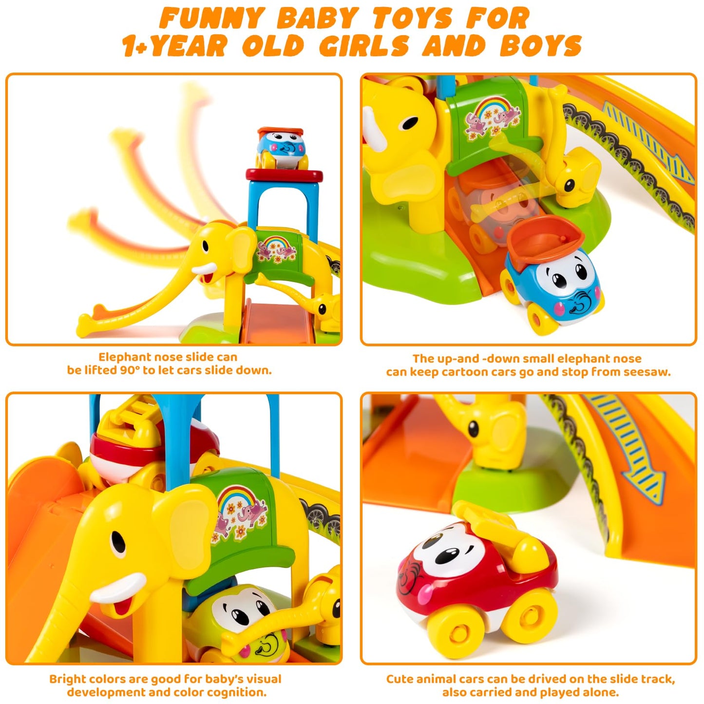 Marstone Toddler Toys for 1 2 Year Old Boys and Girls Gifts: Educational Elephant Slide with 4 Animal Car Toys for Baby 12-18 Months, First Birthday Gifts for Kids, Learning Push Truck Tracks Age 1-2