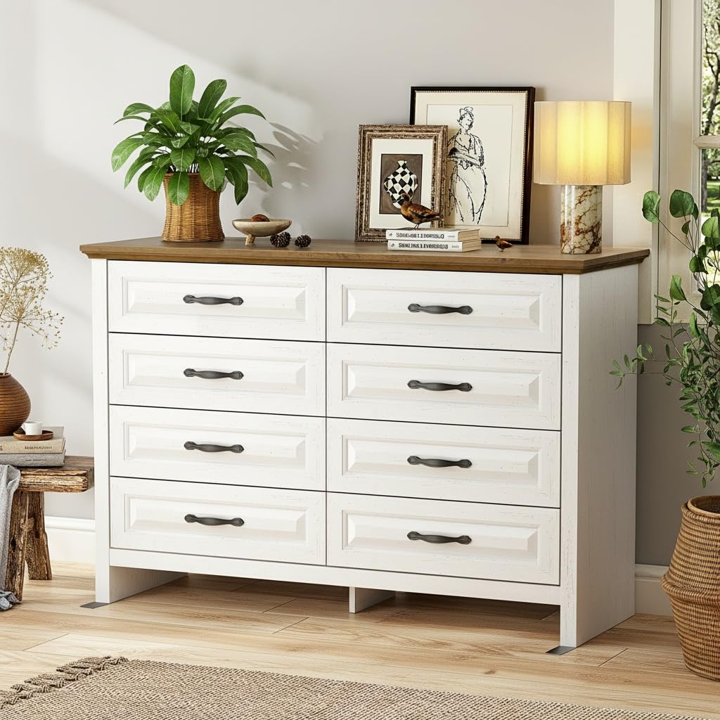 Marsail Farmhouse 8 Drawer Dresser, Wood Chest of Drawers with Natural Texture, Smooth Gliding Drawers, Versatile Storage Organizer Cabinet for Bedroom & Living Room, White and Brown