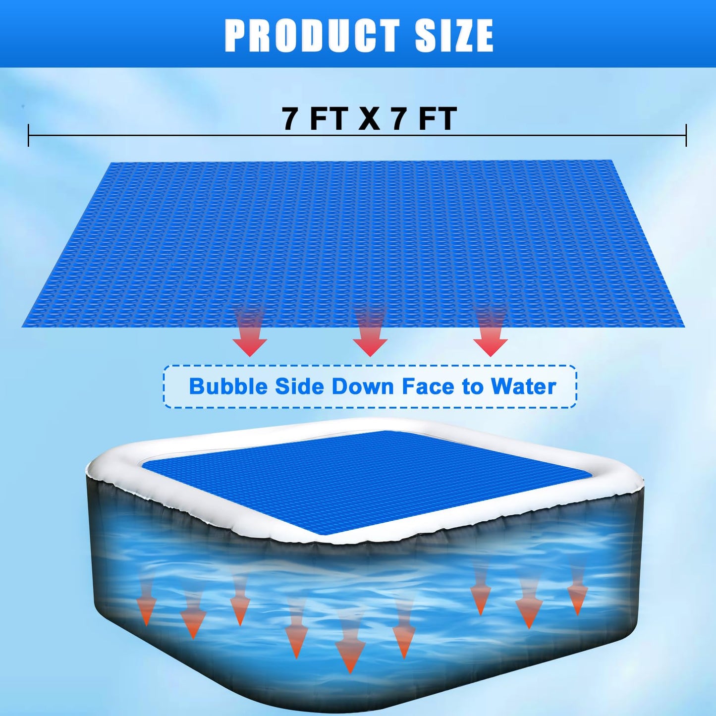 Kakolvan Solar Bubble Hot Tub Spa Cover for 7 x 7 FT Square Inflatable Swimming Pool Blanket Thermal Floating Insulation 16 Mil Bubble Solar Covers for Indoor Outdoor Spa Hot Tub Wrap Covers