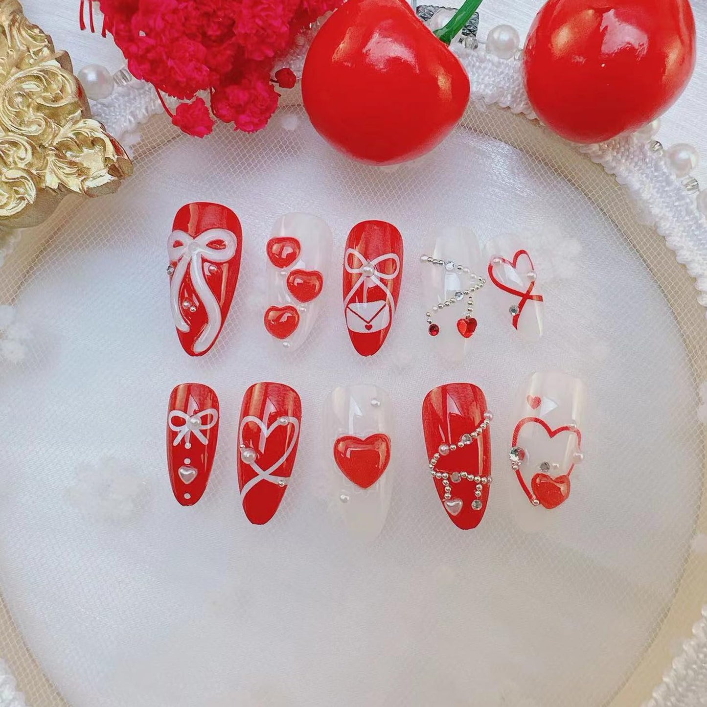 24Pcs Valentine's Love Press on Nails Almond Red Heart Fake Nails with 3D Bow Rhinestones Design French Tip False Nail White Pearl Stick on Nails Hearts Romantic Y2k Handmade Nail for Women