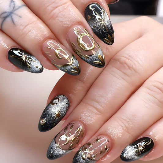 3D Gold Star Moon Press on Nails Rhinestones French Tip Fake Nails with Leaf Design Long Almond Acrylic False Nail Mirror Full Cover Glue on Nail for Women