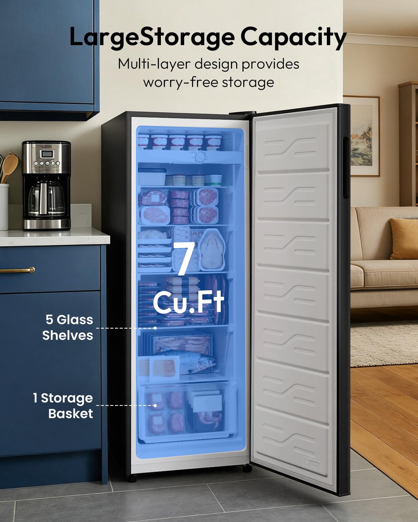 Upright Freezer 7 Cu Ft, Stand Up Freezer, Convertible Upright Freezer/Refrigerator, 5 Adjustable Shelves, Reversible Door, Large Capacity Upright Fridge for Garage, Apartment, Kitchen