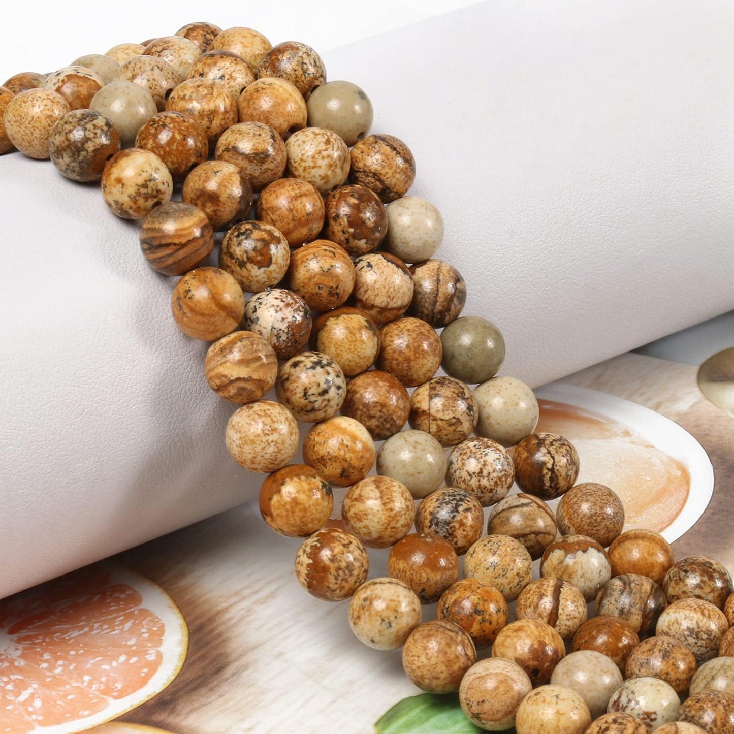 NITOPUPU 100Pcs 10mm Natural Smooth Picture Jasper Gemstone Beads Round Loose Stone Beads for Jewerly Making with Crystal Stretch Cord
