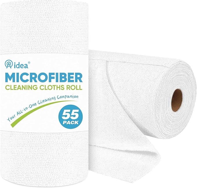 AIDEA Microfiber Cleaning Cloth Roll, White Shop Towels 55 Sheets Washable, Microfiber Towels for Cars, White Rags Reusable Paper Towel for Automotive, Workshop, House, Kitchen, Cleaning Supplies11Ã9"