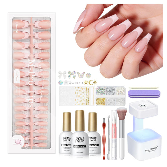 PEACECOLOR French Tip Press On Nails Kit - 150Pcs Long Coffin 5 Colors Nail Tips Gel Nail Kit with U V Light Base & Top Coat Starter Kit Nail Glue Manicure Set Fake Nails DIY Gift for Women Girls Home
