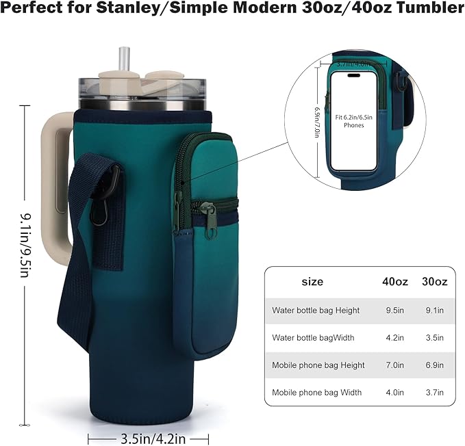 GOEWY Water Bottle Carrier Bag for Stanley 40/30 oz Tumbler with Phone Pocket Neoprene Water Bottle Holder with Shoulder & Handheld Strap Stanley Cup Accessories