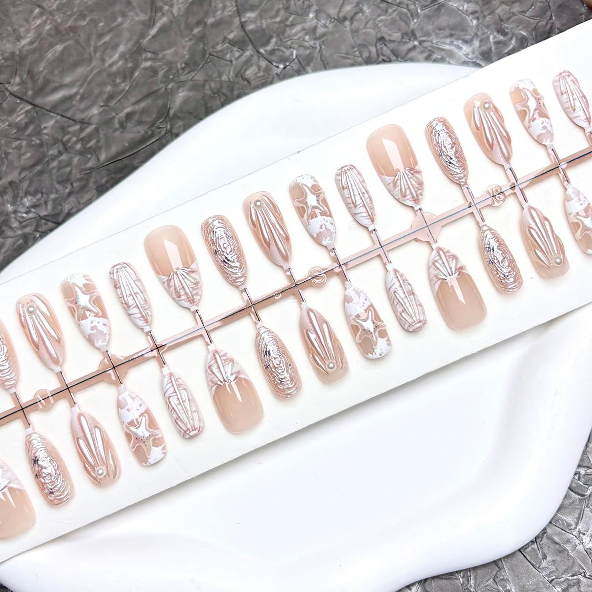 30Pcs Summer Press on Nails Medium Almond Glue on Nails French Tip Fake Nails with 3D Pearl Seashell Design French Beach Acrylic Nails Cute Starfish False Nails White Ocean Stick on Nails for Women