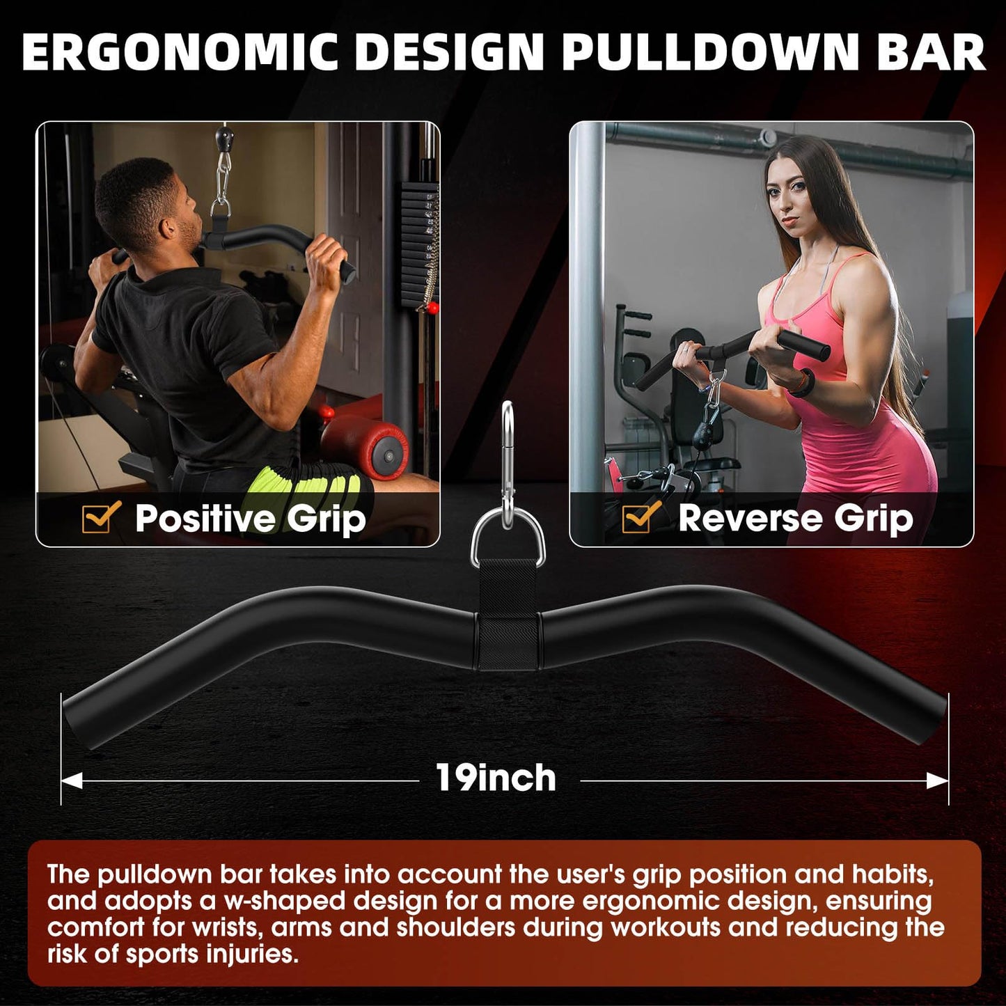 Anobeyi LAT Pull Down Attachment, Gym Tricep Rope Machine LAT Pulldown Bar, Strength Training Gym Equipment Accessory, Ergonomic Curl Bar for Seated Rowing, High Pull Downs (19in W-Bar)