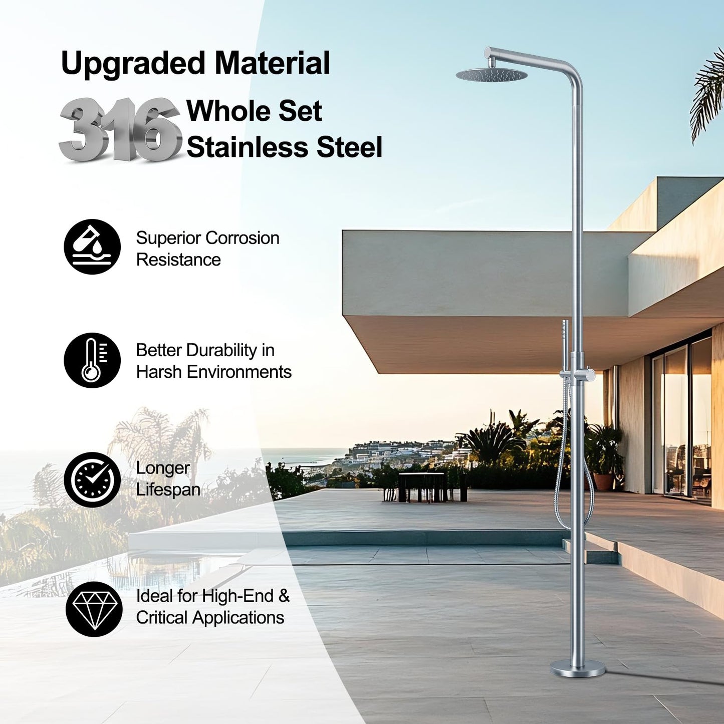 RBROHANT Freestanding Outdoor Shower, 316 Marine Grade Stainless Steel Beach Shower, Free Standing Hot and Cold Water Pool Shower with 10’’ Rain Shower Head and Handheld, Brushed Nickel, Floor Mounted