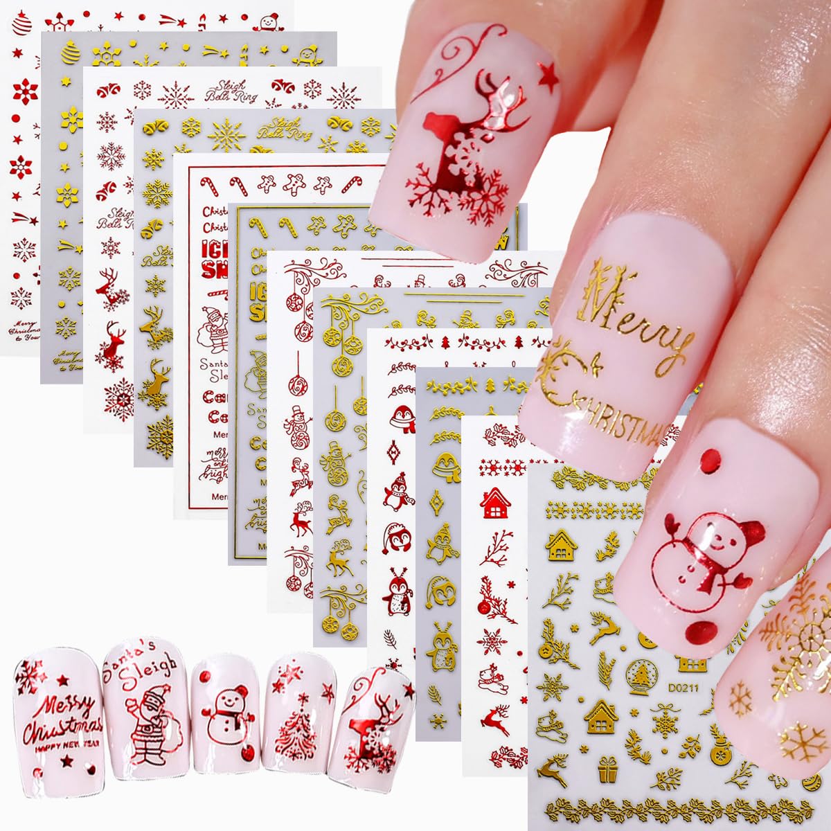 12PCS Christmas Nail Stickers Gold & Red Holographic Nail Art Stickers Festive Reindeer Snowflake Self Adhesive Nail Decals Santa Nail Art Supplies for Women Girls DIY Manicure Nail Art Decorations