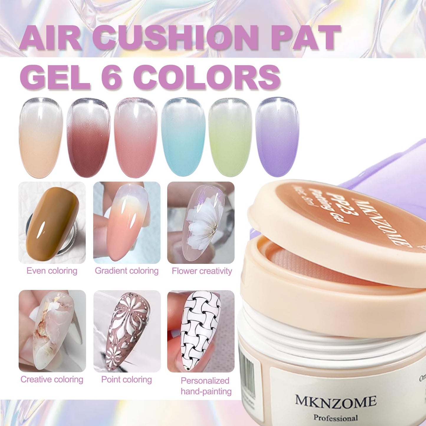 MKNZOME Patting Gel Polish Set, 6 Color Gradient Painting Gel Blooming Nails with Grabbing Pen, 100 Nail Sponges for Ombre, Nail Art Brushes, for Ombre French Manicure DIY Design, C