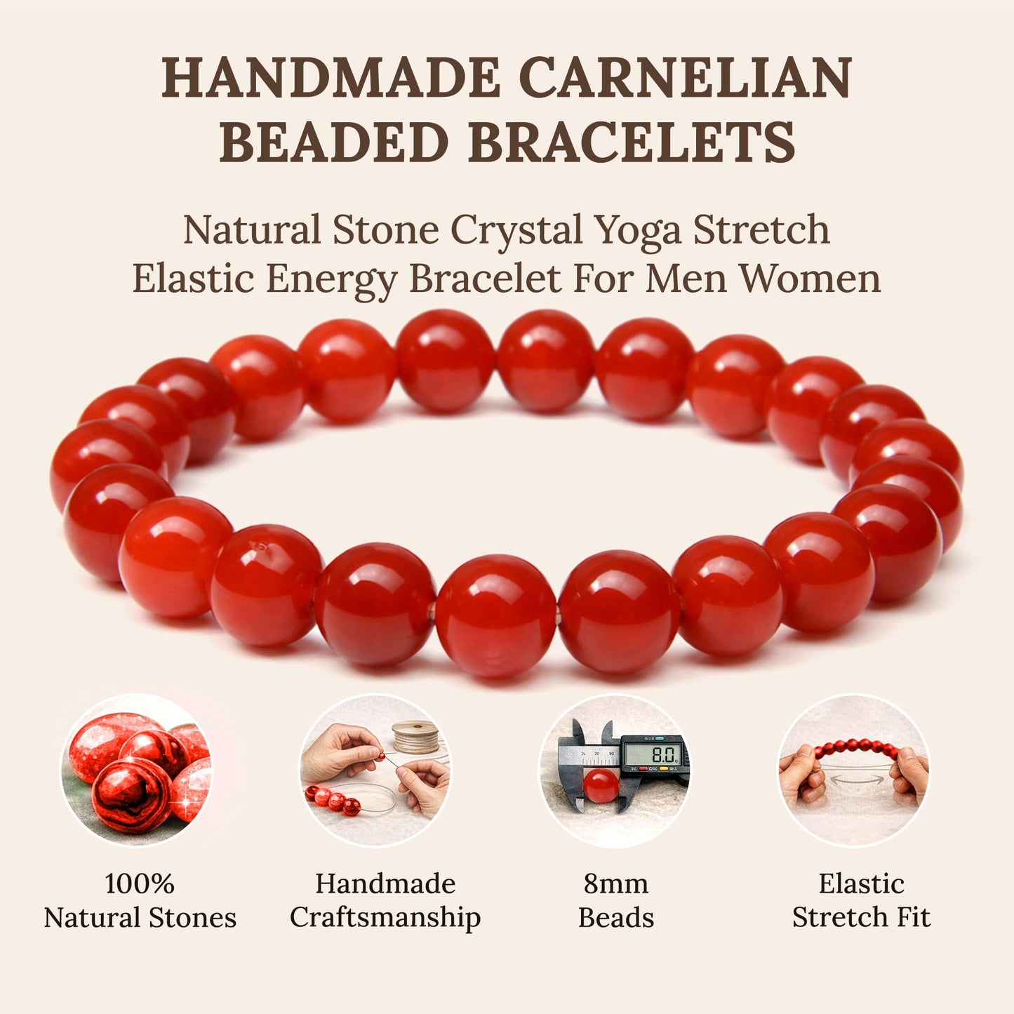 Elm City Direct 8mm Natural Stone Beaded Bracelet – Unisex Crystal Stretch Bracelets for Men & Women, Chakra & Healing Jewelry, Gift-Ready Beaded Bracelets (Carnelian, 8mm)