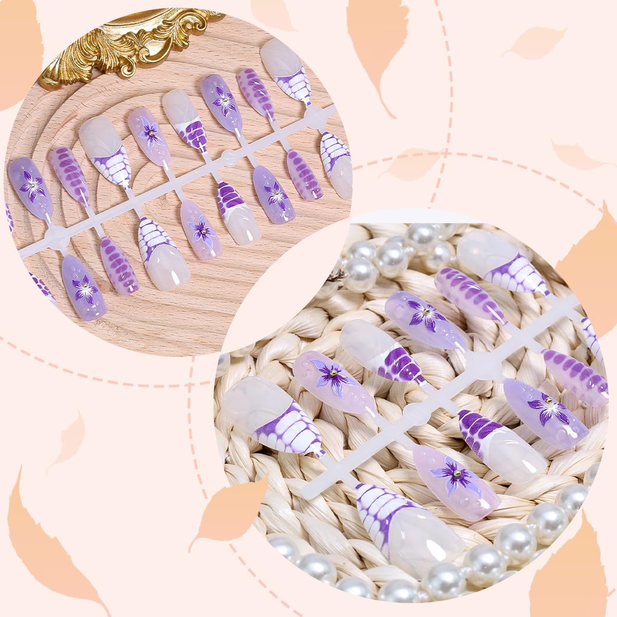 30Pcs Flower Press on Nails Medium French Tip Fake Nails Purple Hibiscus Flowers with Rhinestones Design Summer False Nails Gradient Purple Full Cover Stiletto Acrylic Nails Cute Almond Glue on Nails