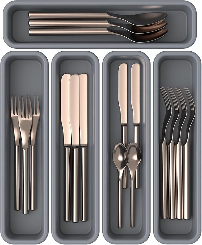 5 Pack Silicone Drawer Organizer for Kitchen, DIY Free Combination Silverware Organizer, Utensil Drawer Organizer, Moisture-proof and Heat-resistant up to 200Â°C, Anti-slip Design (Grey)