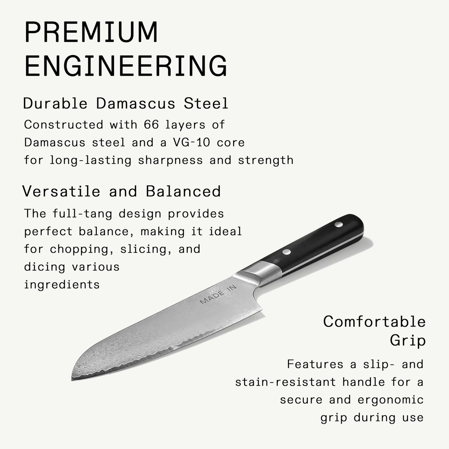 Made In Cookware | 6" Japanese Damascus Steel Santoku Knife | 66 Layers of Damascus Steel with a VG-10 Core | Crafted in Japan | Full Tang With Black POM Handle