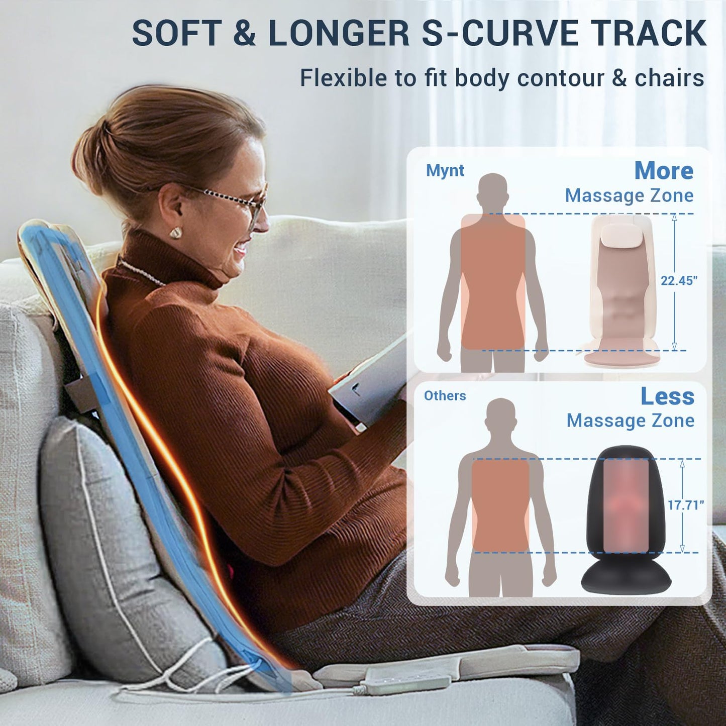Mynt FSA Eligible HSA Approved Back Massager, Chair Massager with Soothing Heat, Flexible Massage Chair Pad with Soft S-Curve Longer Track Adjustable Pillow for Diverse Body Contours, Christmas Gift