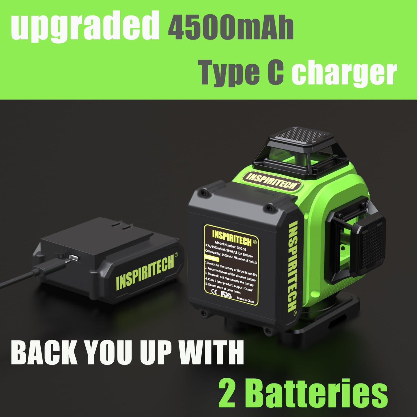 INSPIRITECH Laser Level 360 Self Leveling with Hard Case & Remote, 4x360 Rechargeable Green Line Laser for Framing Wall Ceiling Floor Tile