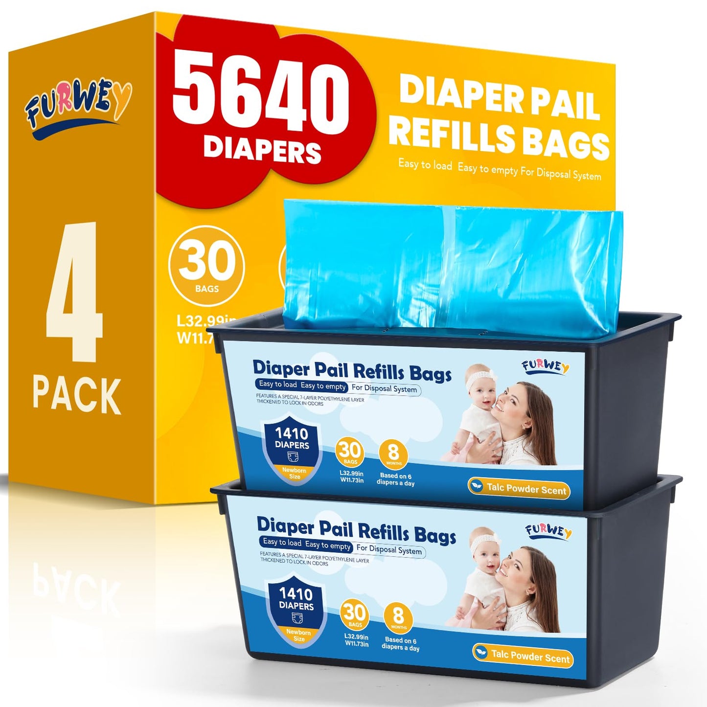 Diaper Pail Refill Bags 30 Bags Per Refillï¼Compatible with Genie Easy Roll Signature Diaper Pails Holds Up to 5640 Newborn Diapers Talc Powder Scent 7 Layer Odor Barrier,Scented,4PACK (120 Bags)