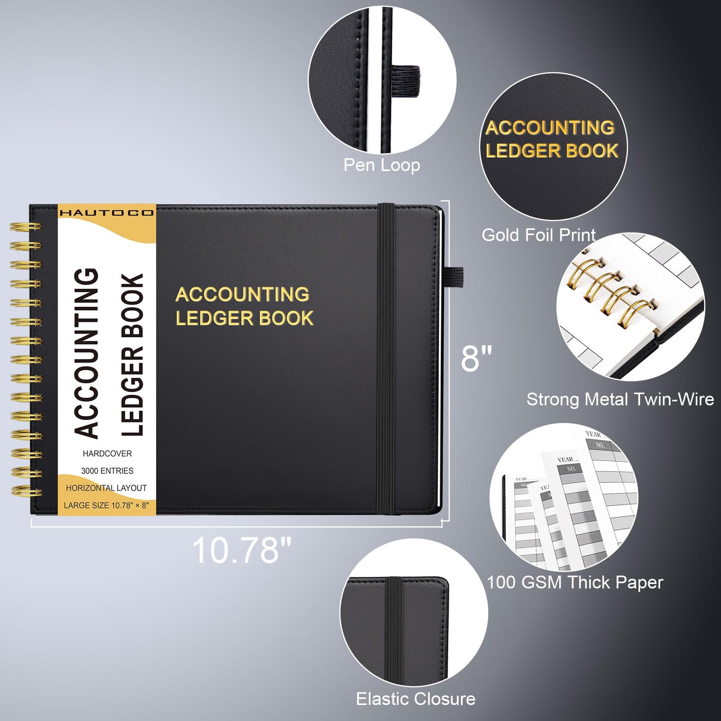 HAUTOCO Hardcover Accounting Ledger Book for Small Business Bookkeeping Horizontal Money Expense Tracker Notebook with 2 Storage Pouch, Personal Columnar Log Journal 10.78 x 8'', Black