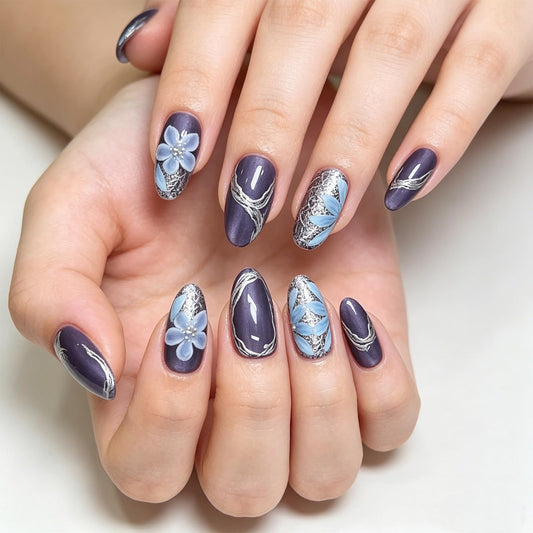 3D Floral Press on Nails Glossy Sparkly Blue Medium Almond Fake Nail Flower False Nails with Silver Glitter Design Curve Line Stick on Nail Pearl Glue on Artificial Fingernails for Women Daily Wear