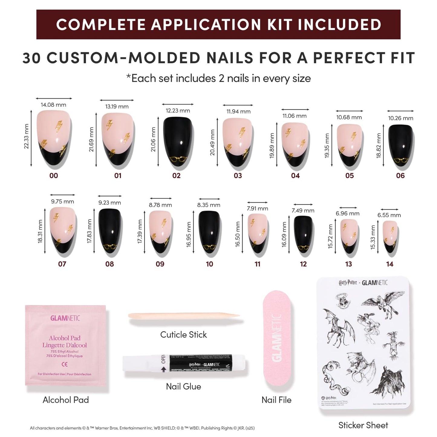 Glamnetic Press On Nails x Harry Potter™ - Harry Potter™ | Short Almond Fake Nails with Black French Tips, Glasses & Hidden Lightning Details, Officially Licensed | 15 Sizes - 30 Nail Kit with Glue