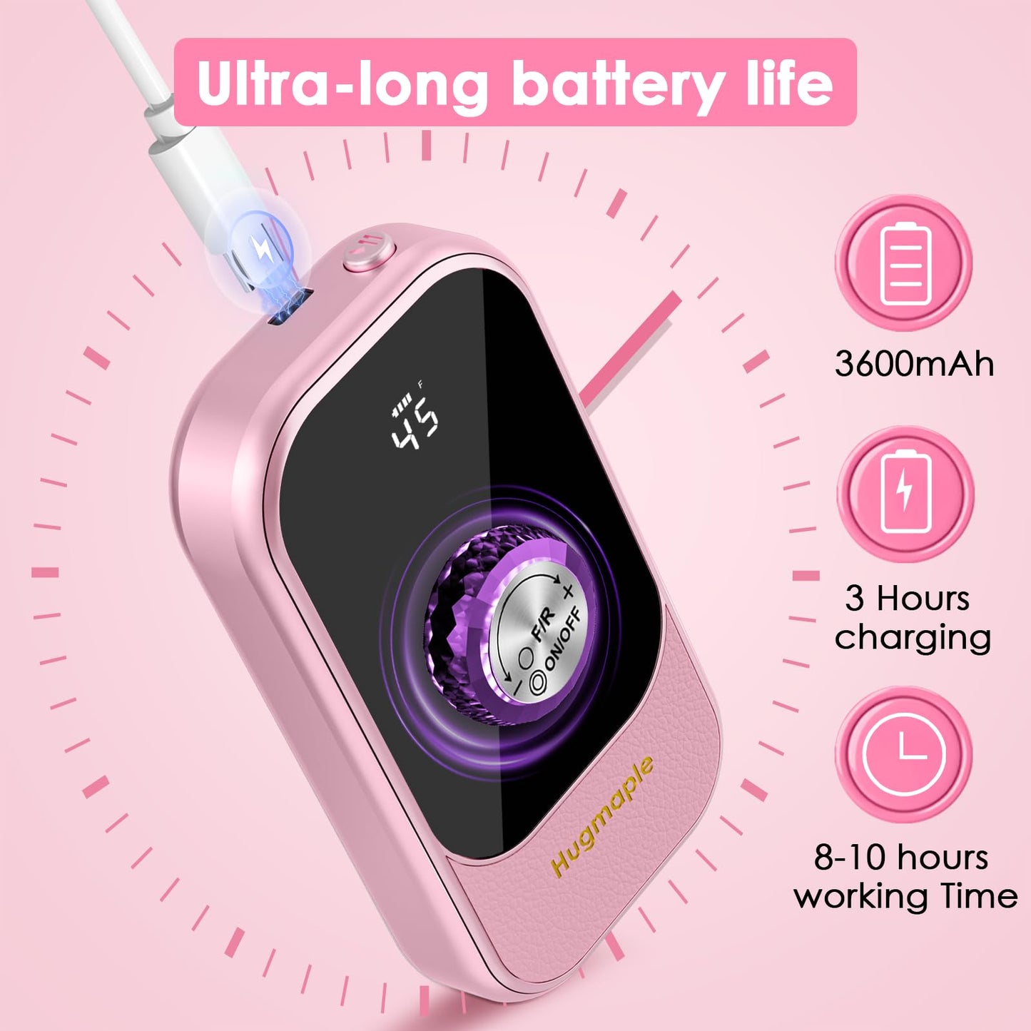 Professional Electric Nail Drill File, HUGMAPLE 45000RPM Portable E-File Machine with Bits & Base, Rechargeable Cordless Nail Drill Kit for Shaping, Removing & Polishing Gel Nails for Salon Home