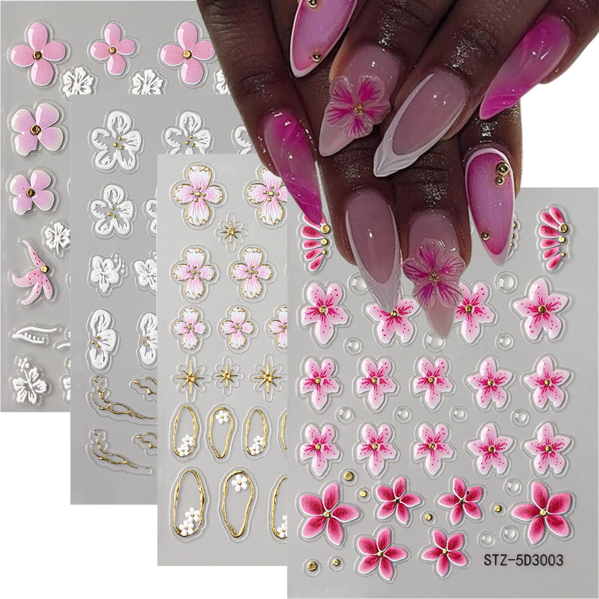 4 Sheet 5D Embossed Nail Stickers Flower Nail Art Stickers Decals for Spring Nail Supplies Pink Floral Nails Art Design Daisy Gold 3D Self-Adhesive Manicure Decoration for Women Nails Supplies