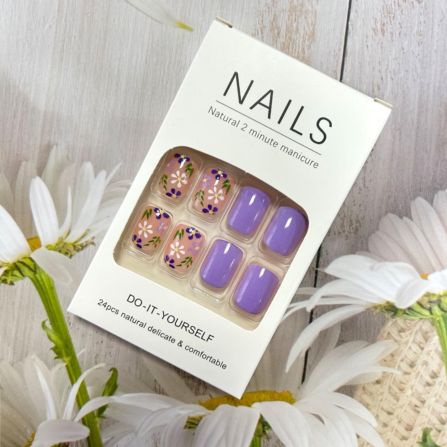 Press on Nails Short Length Flower False Nail with White Flower Green Leaves Design Purple Full Cover Glossy Acrylic Fingernails Oval Artificial Stick on Nail Reusable Glue on Nails for Women 24Pcs
