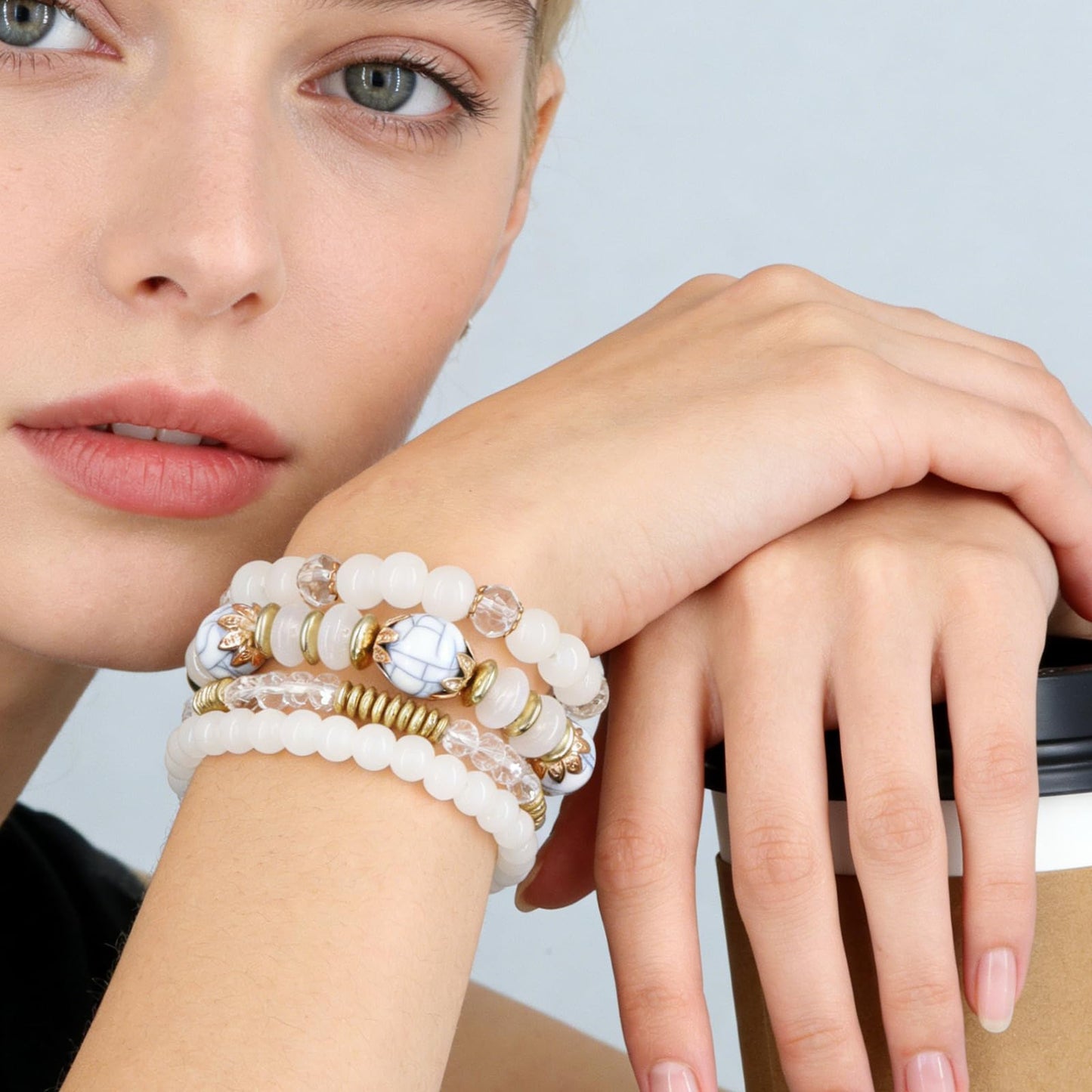 Gold Beaded Bracelets Set for Women, Elegant Pearl Bead Design Dainty Round Bead Ball Pearl Bracelet Stack for Women, Lightweight Stretch Bracelets