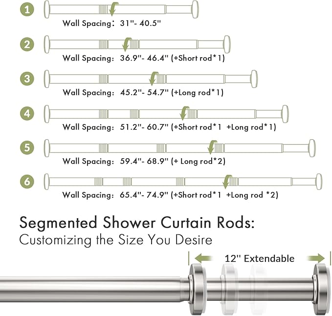 AmazerBath Nickel Spring Tension Shower Curtain Rod 31-75 Inches, 1 Inch Diameter Heavy Duty Tension Rod Rust Proof Bathroom Curtain Rod, Adjustable No Drill Easy Segmented Installation