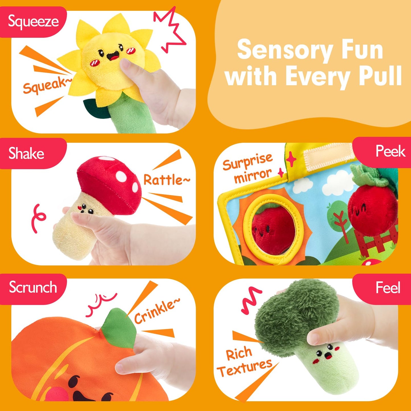 hahaland Baby Toys 6-12 Months - Fruits Vegetables Garden Plant Plush - 6 Month Old Toys Montessori Sensory Toy Carrot Flower with Rattles Mirror Squeaker Textures Crinkle Tissues Christmas Baby Gifts