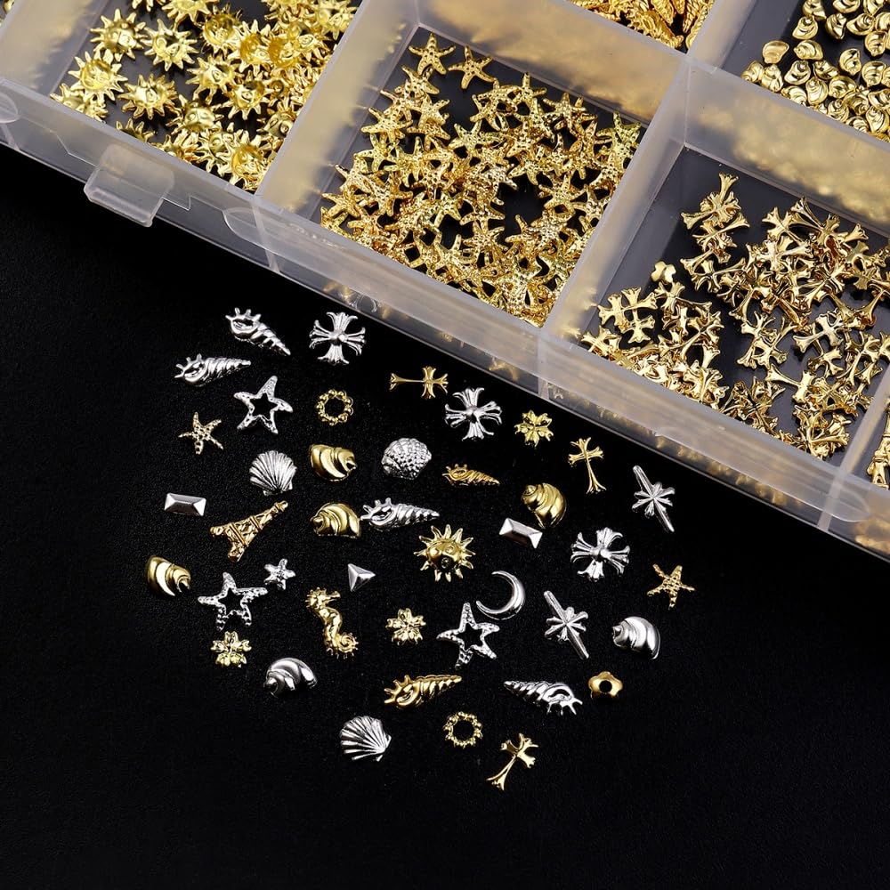 Gold Silver Nail Charms 3D Alloy Flower Nail Gems Ocean Beach Starfish Seashell Nail Jewels Multi-Shapes Metal Sun Moon Star Nail Art Supplies with Tweezer for Women DIY Acrylic Nail 24 Grids 1 Box