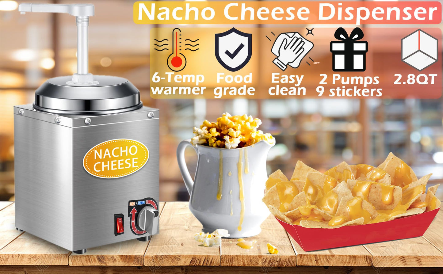 Nacho Cheese Dispenser with Pump - 2.8QT Stainless Steel Nacho Cheese Hot Fudge Sauce Warmer Machine with 6-Level Temperature Control, Commercial Dispenser for Hot Chocolate, Hot Fudge, and Caramel