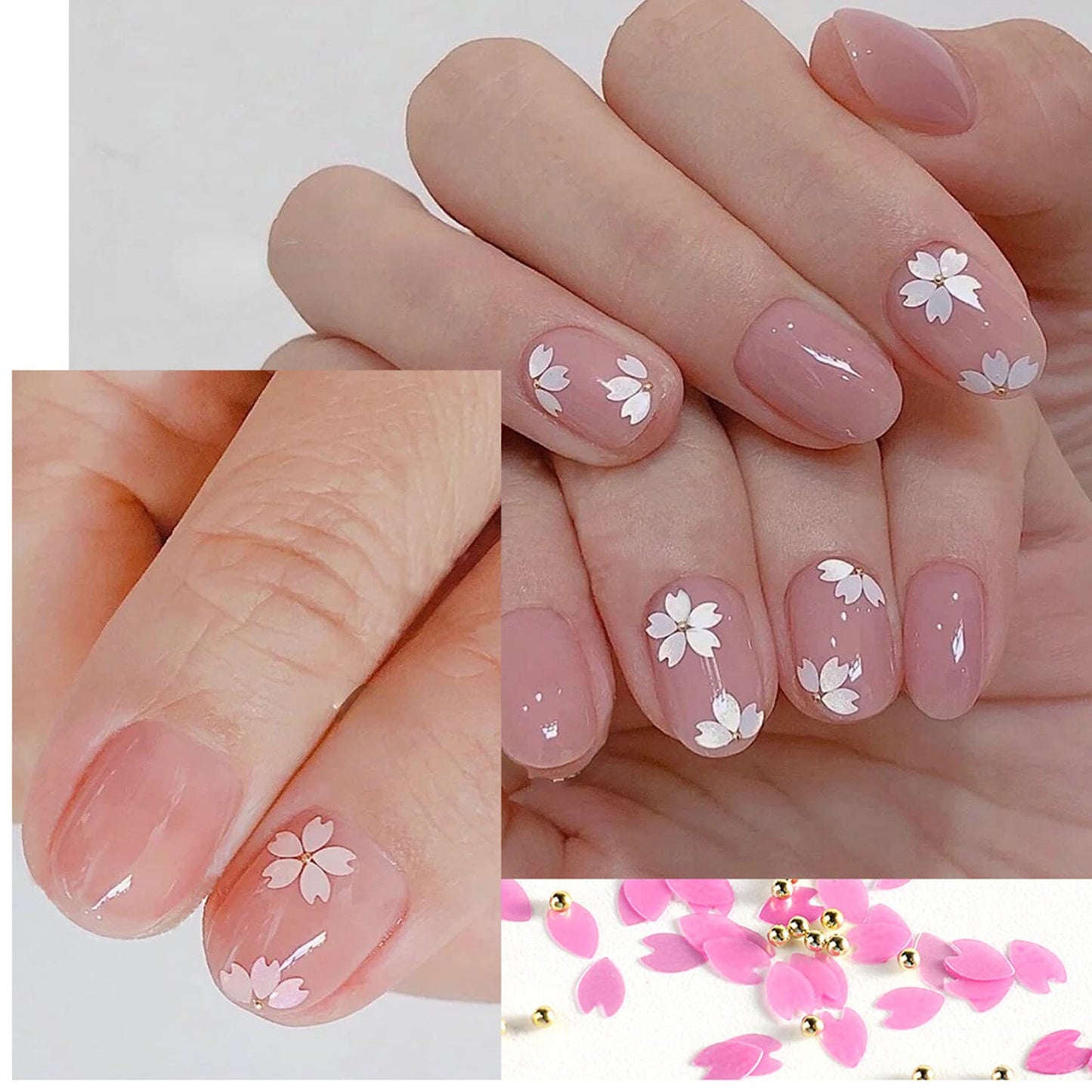 Cherry Petals Glitter, Mixed Flower Beads Rhinestone Decoration Floral Acrylic Nails Designs for Women and Girls Manicure