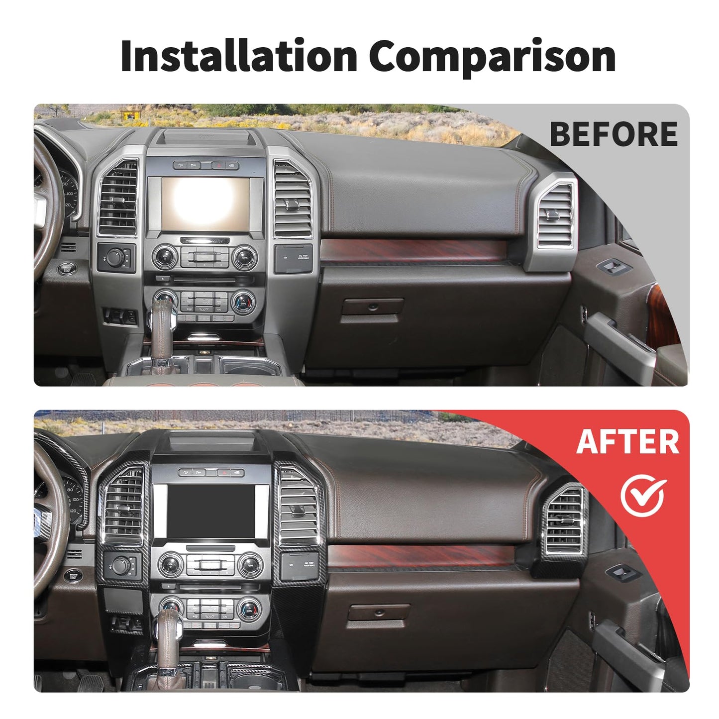 JWWY Dashboard Carbon Fiber Interior Trim Kit Cover Fit for 2015-2020 Ford F150 F-150,Side Outlet Vent Cup Holder Navigation Panel Cover for F150 Interior Accessories,13Pcs