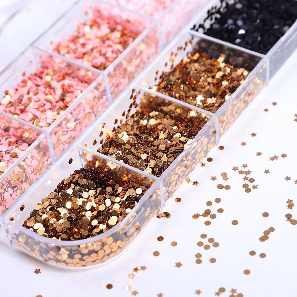 AWDSLUY 12Girds Litter Star Round Heart Nail Glitter Sequin Retro Love Heart Nail Glitters 3D Nail Art Supplies Holographic Shiny Gold Nail Sequins for Valentine's Day Manicure Decorations