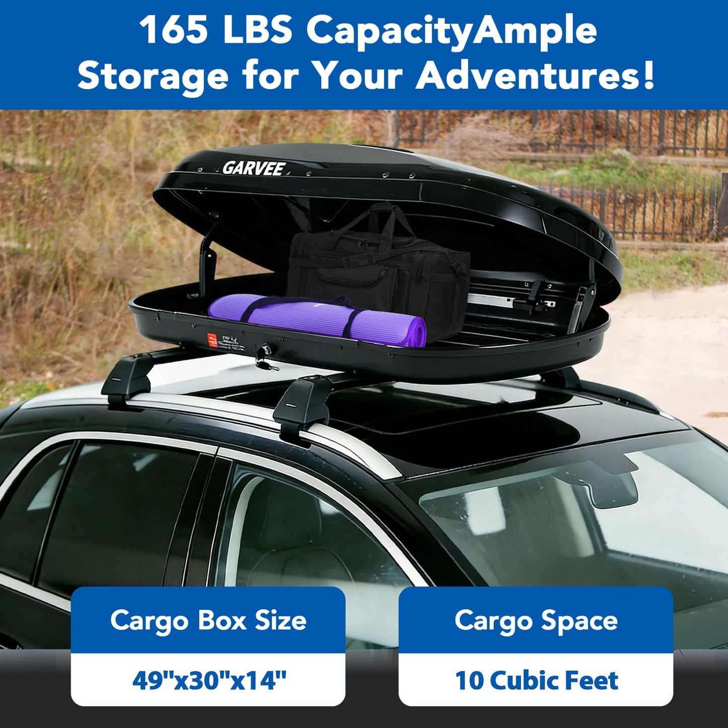 Hard Shell Roof Top Cargo Carrier, 10 Cu.Ft Waterproof Car Roof Storage Box with Security Keys, Dual-Sided Opening, Tool-Free Installation, Holds 165 Lbs, 49''x30''x14' (10 Cu.Ft)