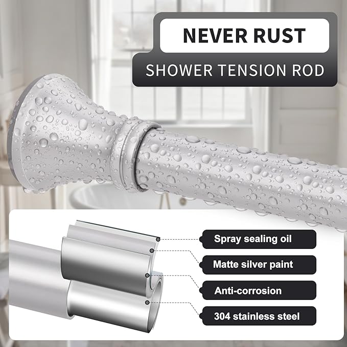 YNL Silver Shower Curtain Rod 36-68 Inch(3-5.67ft), No Slip No Drill Stainless Steel Spring Tension Curtain Rod, No Rust Shower Rod Adjustable For Bathroom closet