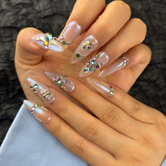 AKA Unicorn Handmade Medium Press On Nails Almond, Colorful Rhinestones Acrylic Nails,Luxury Nail Press On with Charm Design for Daily&Party Wear(Encounter Rainbow Design Concept）