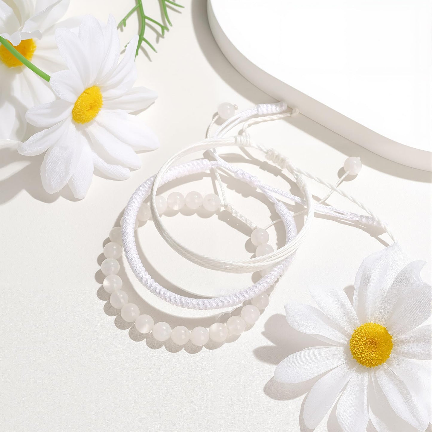 GolbalJew Healing Crystal Beaded Bracelets for Women Men, 6mm Moonstone Stone Beads Bracelets Set with 2PCS Adjustable White Rope Bracelets