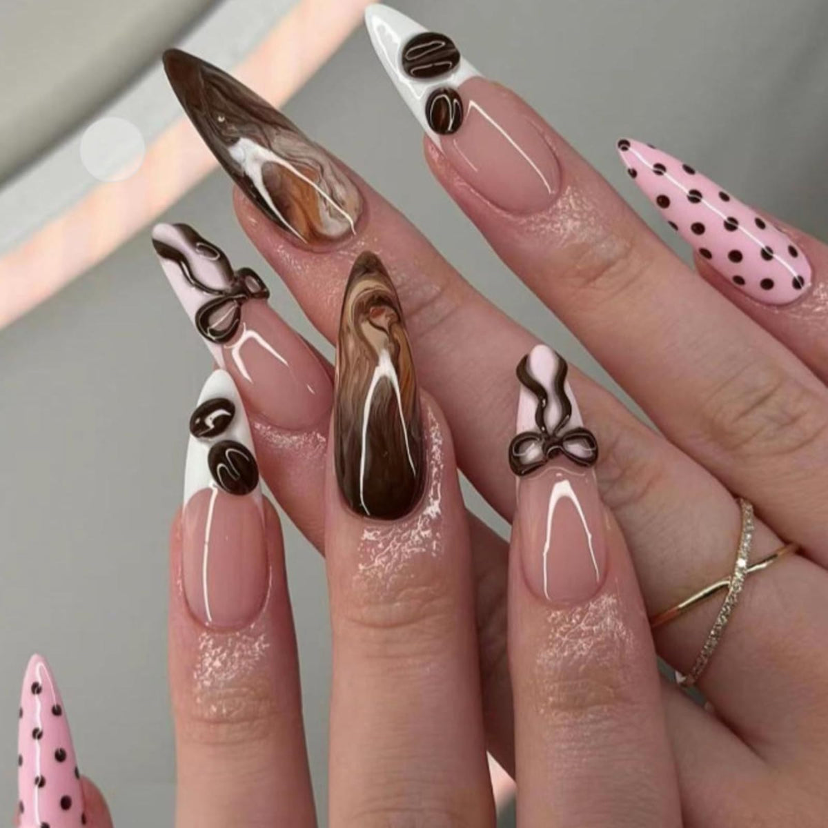 IMRAIN Press on Nails Medium Almond Fake Nails - 3D Bow, Coffee Bean, Polka Dot Design | Pink Brown Glossy Acrylic False Nails Cute French Tip Glue on Nails for Women