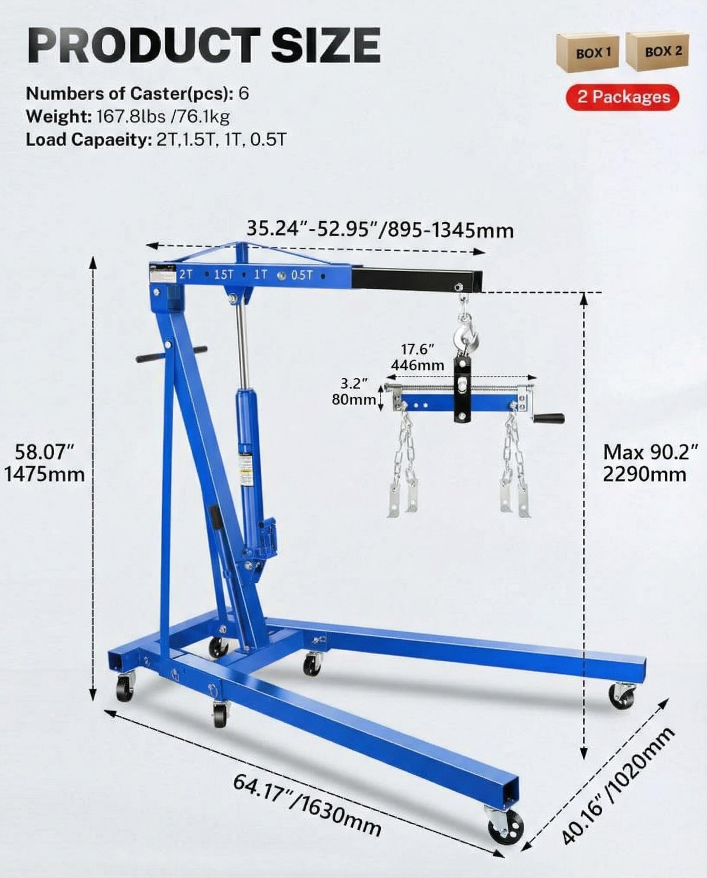 2 Ton Hydraulic Engine Hoist Crane with Lever, Folding Heavy-Duty Cherry Picker with 6 Locking Wheels & 4 Boom Positions, for Truck/SUV Engines, Garage Workshop, Industrial Lifting (Net Wt. 168 lbs)