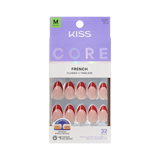 Kiss Core, Press On Nails, Nail glue included, 'Optimistic', Red, Medium Size, Almond Shape, Includes 32 Nails, 2g Glue, 1 Manicure Stick, 1 Mini File